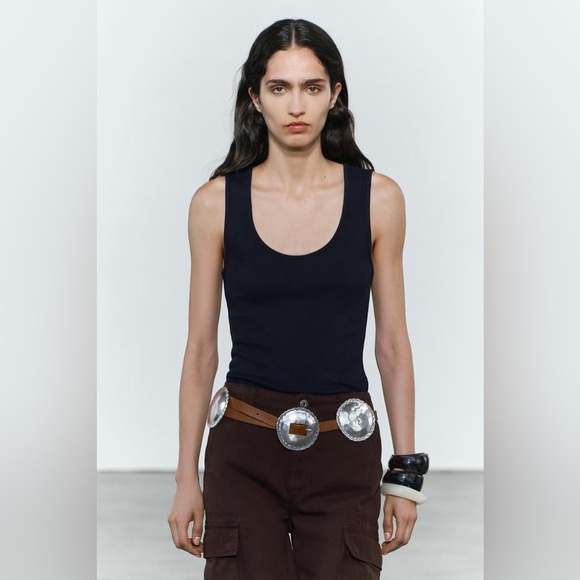 NWT. Zara Brown Leather Belt with Embossed Metal Buckle. Size 32. main image 9